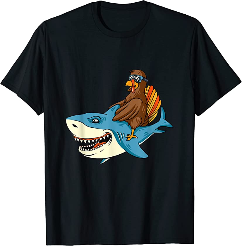 Turkey Riding Shark Thanksgiving Day Cool Animal Fall Autumn T-Shirt