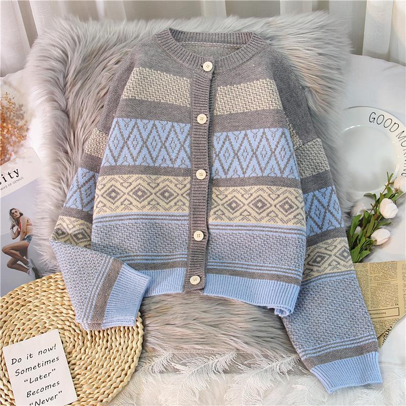 Striped Panelled Cardigan Women Vintage Design Casual Retro All-match Females Aesthetic Stylish Temperament Sweaters Clothing alx