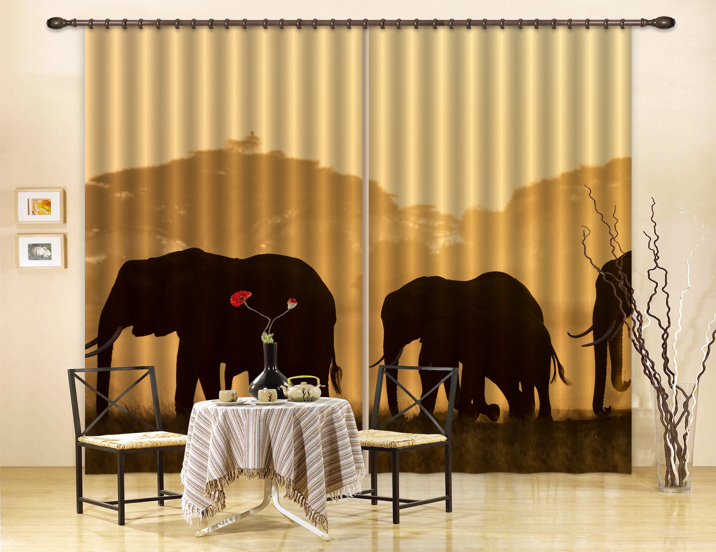 3D Yellow Sky Elephant Pattern Curtains And Drapes A121