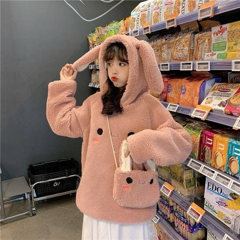 Loose Lovely Bunny Ear Hoodies For Women Warm Long Sleeve Sweet Kawaii Rabbit Bag Hooded Female Autumn Winter Cute Sweatshirt alx