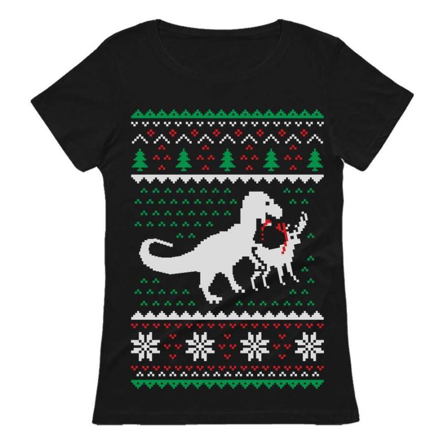 Ugly Christmas Sweater T-Rex VS Reindeer Funny Gift Women T-Shirt