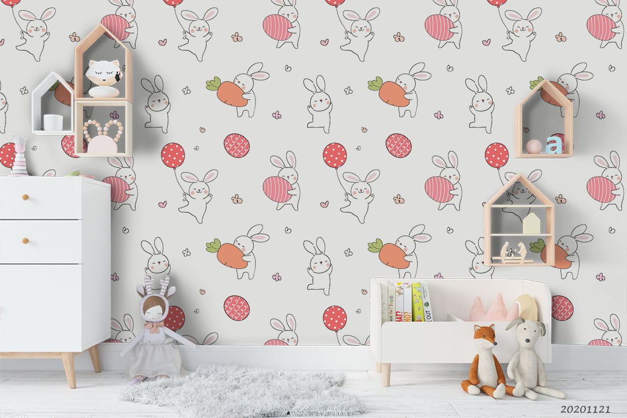 3D Cartoon Hand Drawn Bunny Animal Carrot Pink Balloon Pattern Wall Mural Wallpaper Lxl