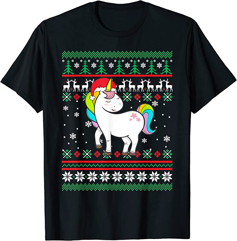 Unicorn Santa Hat Funny UGLY Christmas Pajama Holiday Xmas T-Shirt