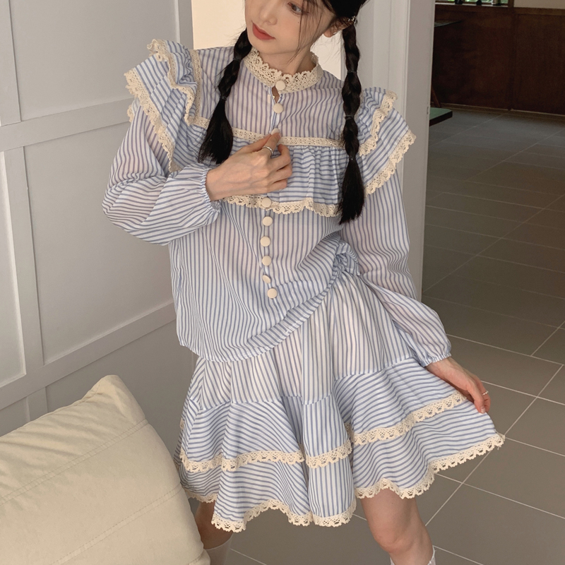 Spring Autumn Sweet Lolita Style Striped Skirt Sets Women Elegant Lace Ruffle Shirt Mini Cake Skirts Suit Female Korean Outfits alx