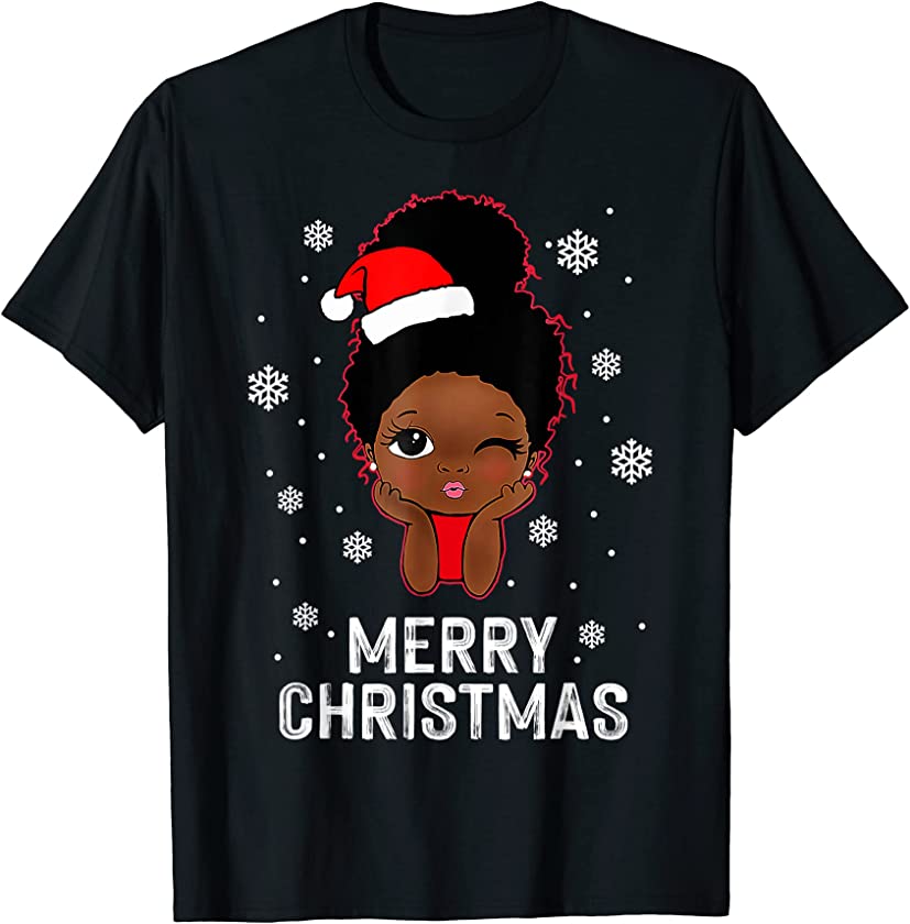 Merry Christmas Black Melanin Little Girl American Xmas T-Shirt