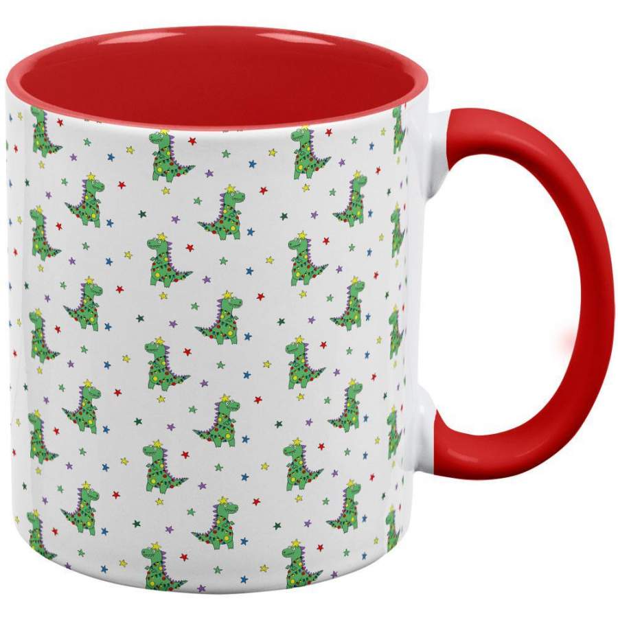 Christmas Tree Rex T-Rex Dinosaur Pattern Red Handle Coffee Mug