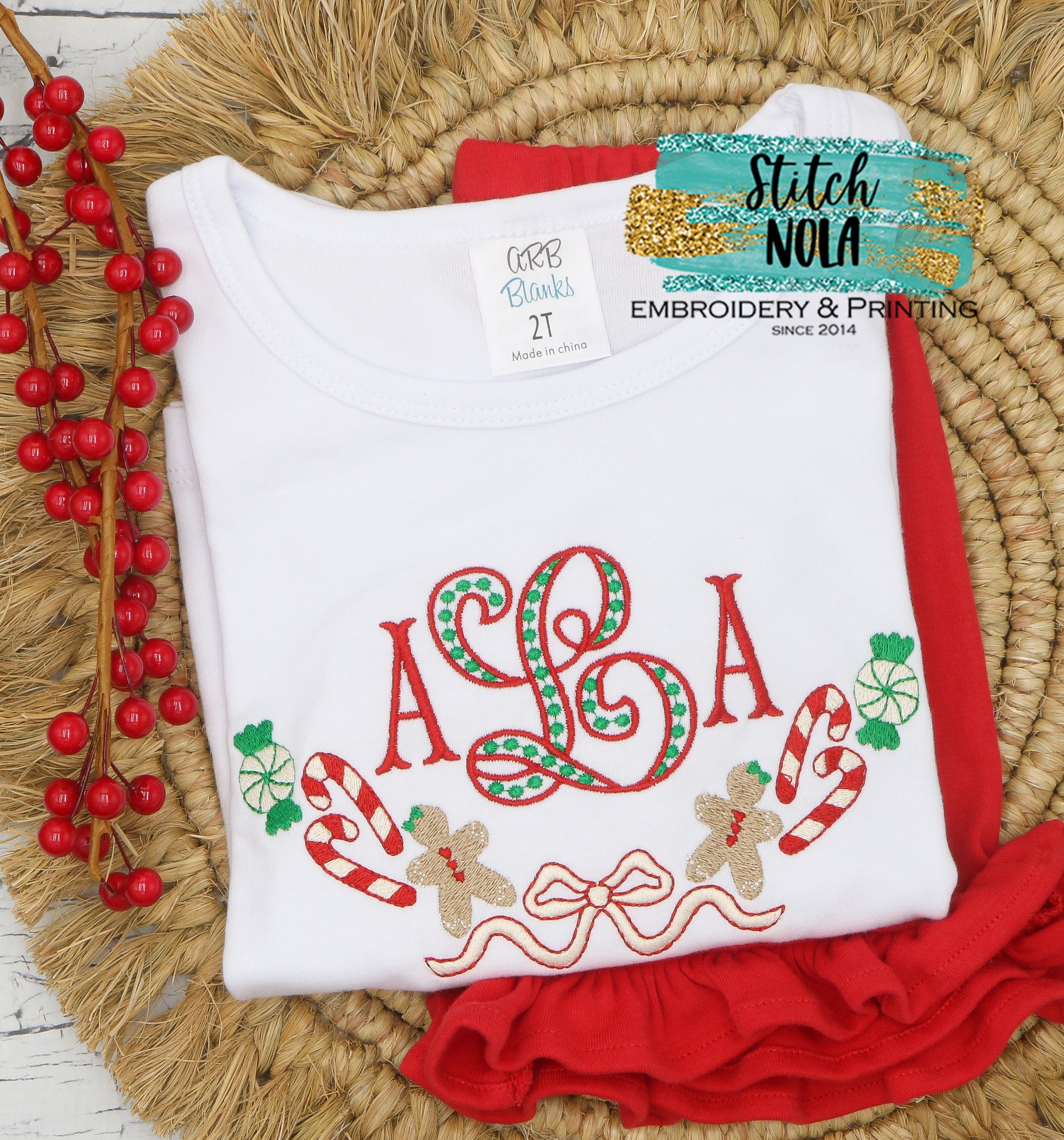 Personalized Christmas Gingerbread And Candy Cane Monogram Frame Sketch Shirt