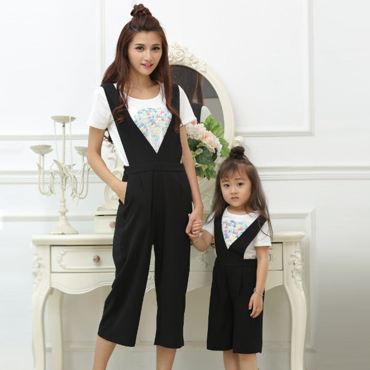 Mother Daughter  Girl Dress One Piece Leggings Strap Pants Solid Black Color Loose Soft Dress Belt Pants Kids Clothes