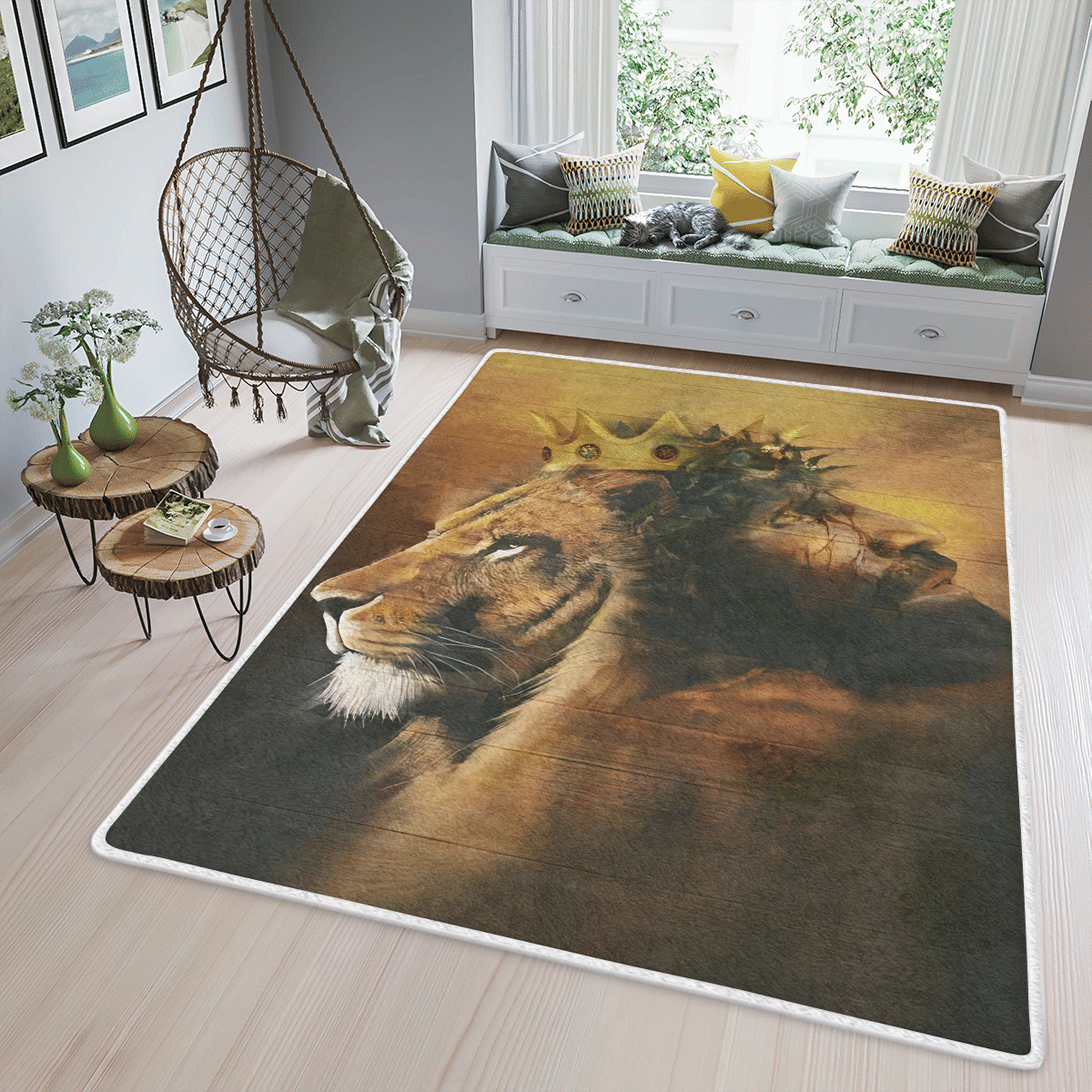 Wooni The Lion Of Judah Jesus Christ, Lion And Jesus Area Rug, Rectangle Rug Wn15032224