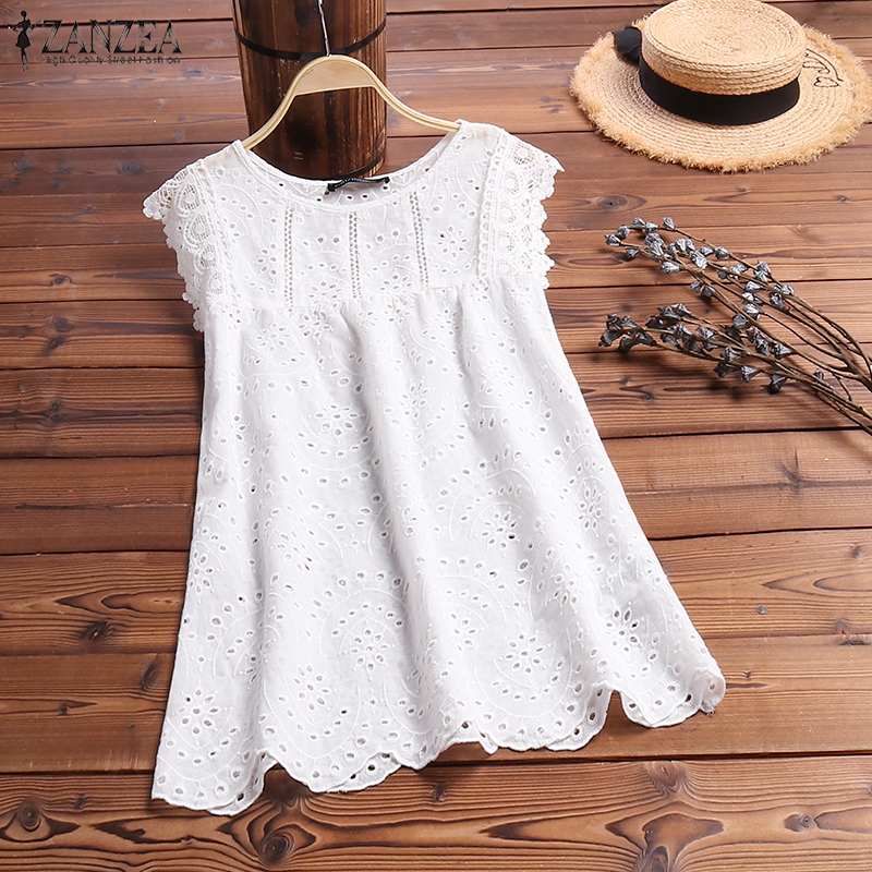 ZANZEA Fashion Women Lace Crochet Vest Tee 2022 Summer Hollow Out Tanks TopsSolid Casual Work Blusas White Top Sleeveless Shirt alx