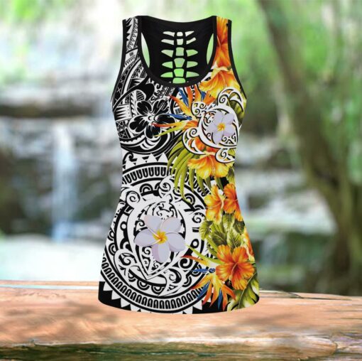 Amazing Polynesian Turtle Tattoo & Hibiscus Sea Turtle Hollow Tanktop And Legging For Turtle Lovers, Gift For Her Gift For Turtle Lover Friend Tanktop And Legging, Animal Lovers