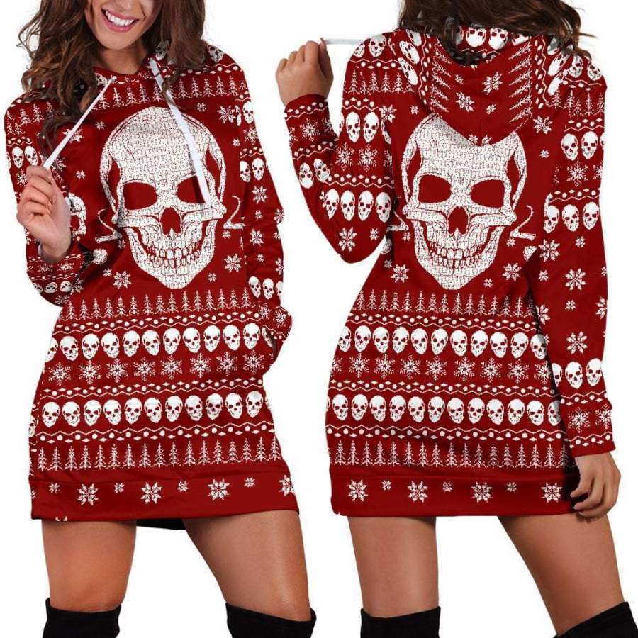 Smoking Skulls Ugly Christmas Hoodie Dress – Red