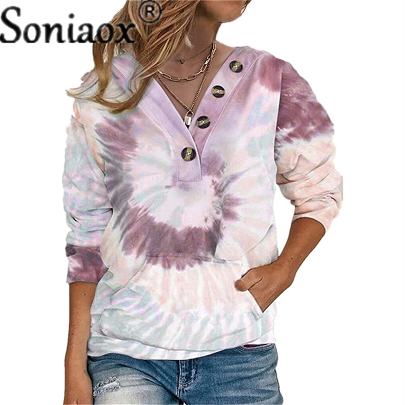 Women’s Winter And Autumn Loose Tie-Dye Printing Buttons Long-Sleeved Sweatshirt Sweatshirt Pocket Casual Boho Ladies Pullover alx