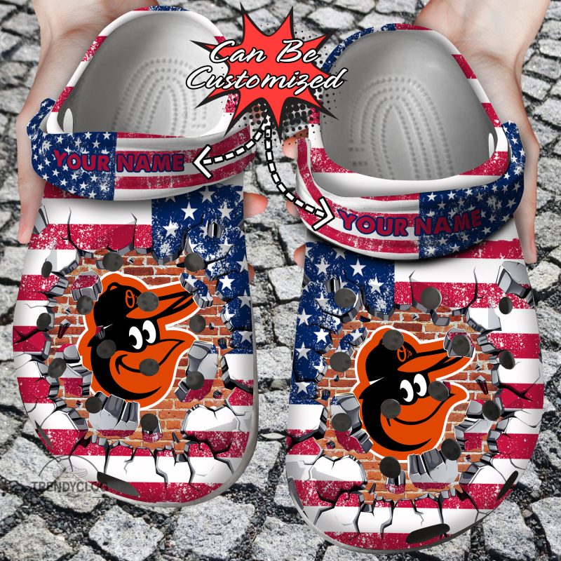 Baseball Personalized BOrioles American Flag Breaking Wall Clog Shoes