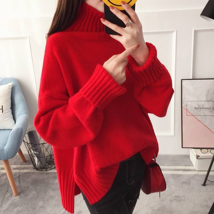 Turtleneck Sweater Women Side Slit Casual Womens Pullovers Ribbed XXL Loose Winter Simple Elegant All-match Fashion Sweaters alx