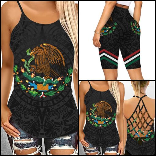 Aztec Mexico Criss-Cross Tank Top & Leggings For Mexican American, Mexican Army, Mexico