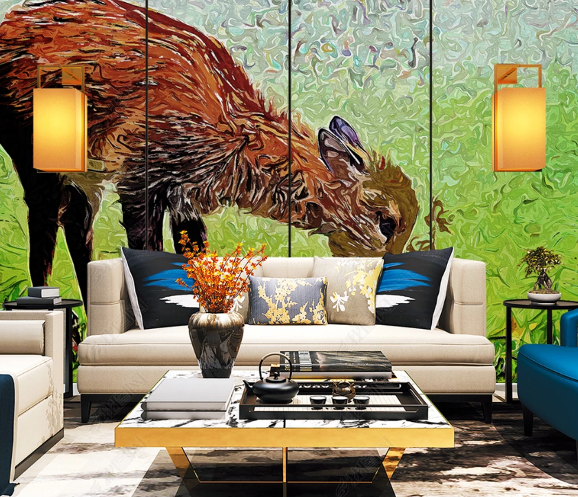 3D Hand Drawn Animal Deer Oil Painting Wall Mural Wallpaper Lqh 11