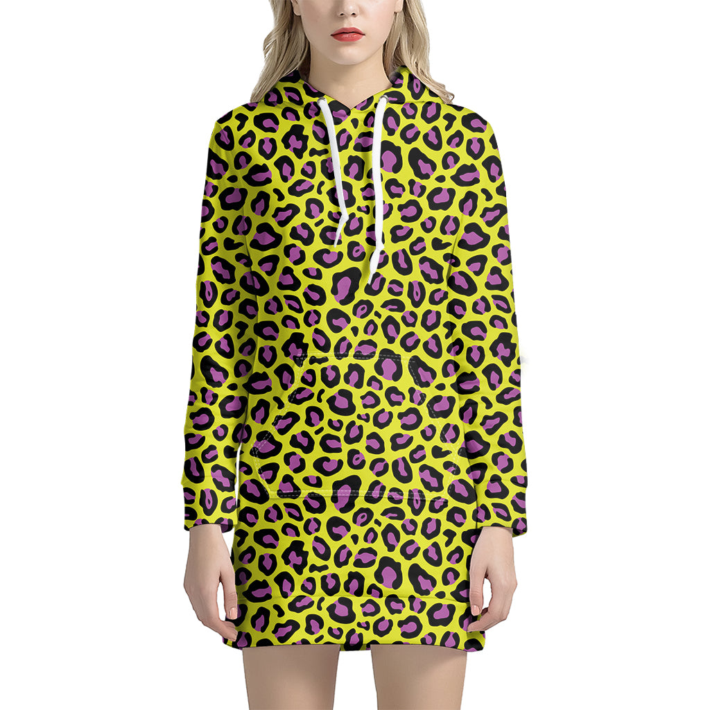 Yellow And Purple Leopard Pattern Print Women’S Pullover Hoodie Dress