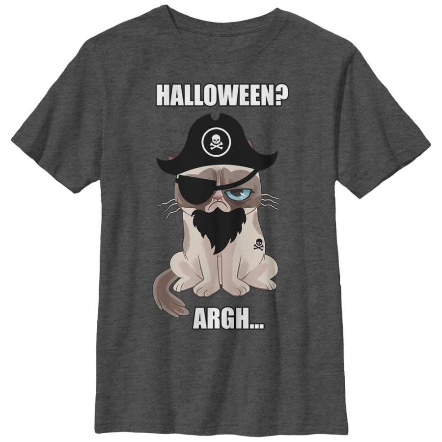 Grumpy Cat Boy’s Halloween Pirate  T Shirt Charcoal Heather S