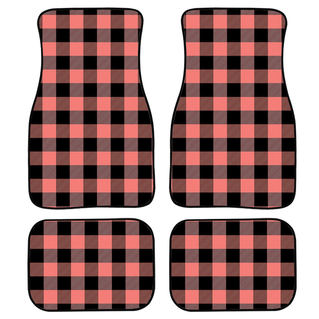 Coral Pink And Black Buffalo Check Print Front And Back Car Floor Mats, Front Car Mat