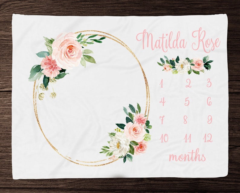 Blush Floral Milestone Blanket Girl, Month Blanket For Baby, Personalized Baby Girl Blanket With Name, Custom Baby Shower Gift , Track Baby Growth