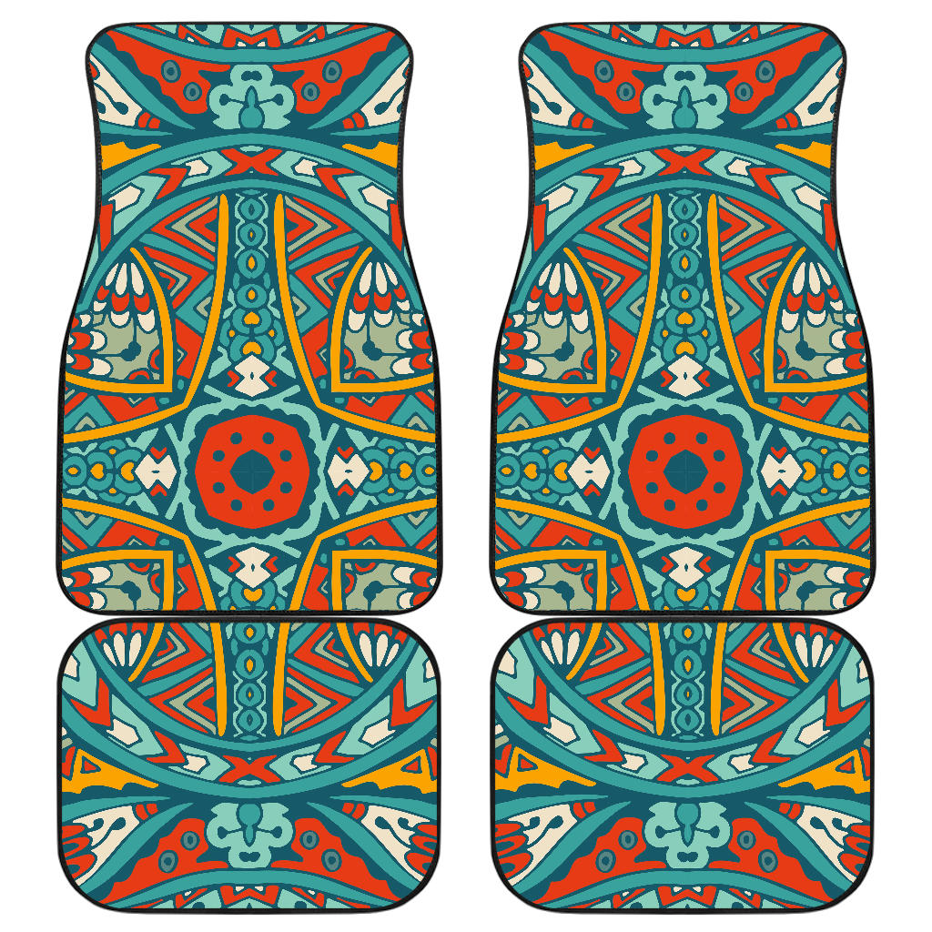 Teal Bohemian Mandala Pattern Print Front And Back Car Floor Mats, Front Car Mat