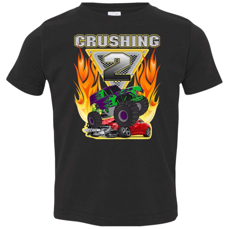 Kids Monster Truck Crushing being 2 Two Years Old 2nd Birthday TShirt 3321 Rabbit Skins Toddler Jersey T-Shirt