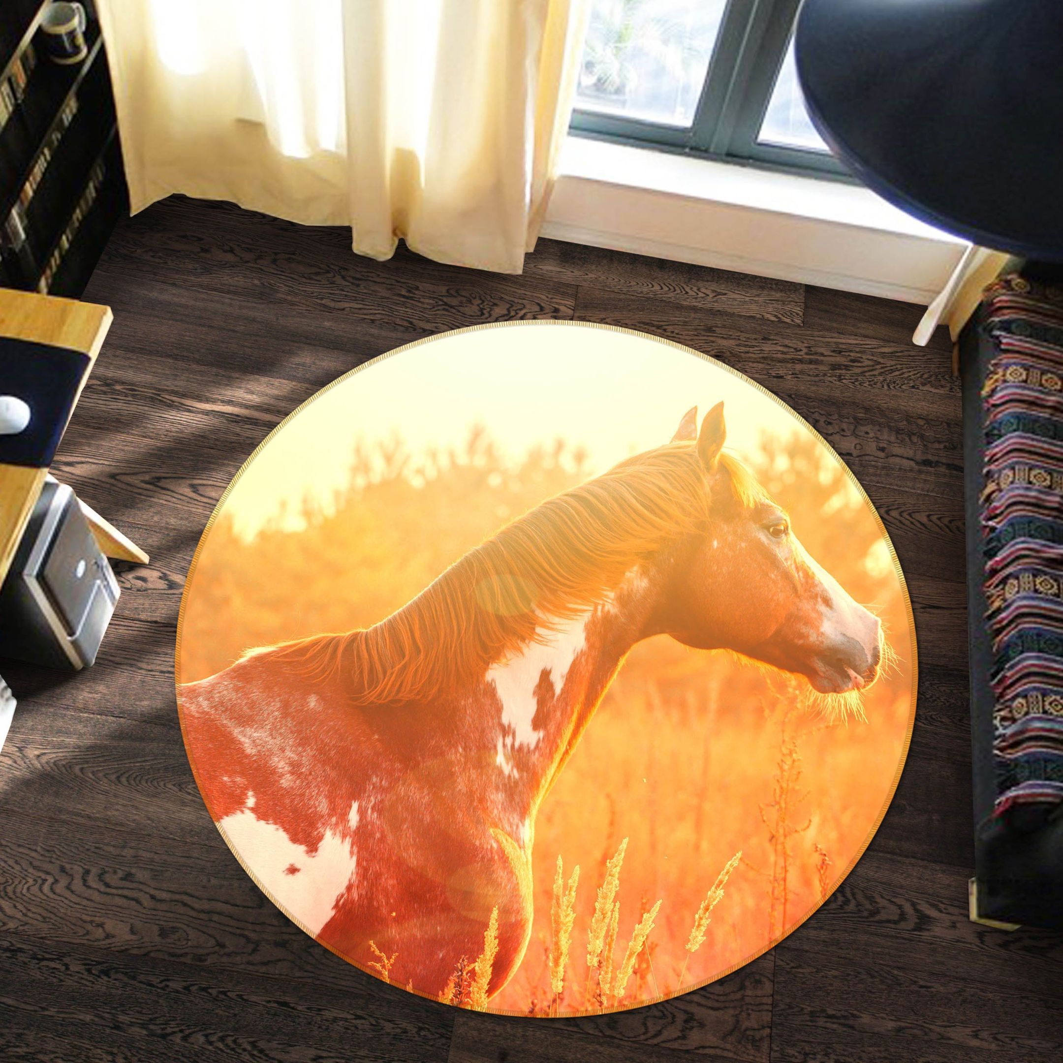 3D Brown And White Horses Round Rug – Round Carpet Home Decor