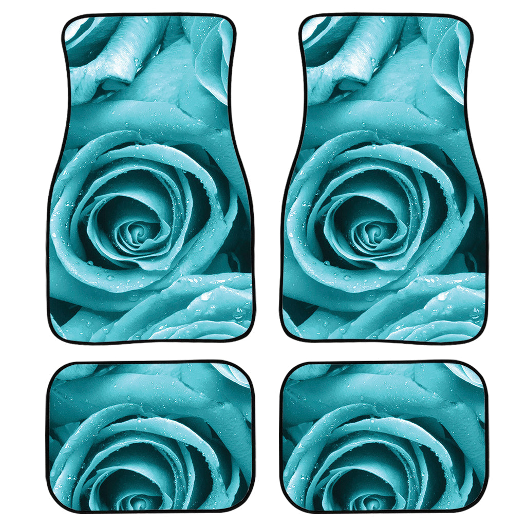 Turquoise Rose Flower Print Front And Back Car Floor Mats, Front Car Mat