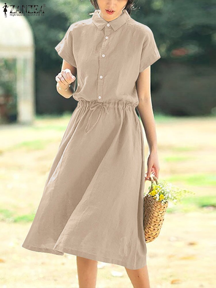 Vintage Summer Short Sleeve Shirt Dress ZANZEA Women Elegant Lapel Neck Drawstring Waist Midi Vestido Casual Solid Sundress Robe alx