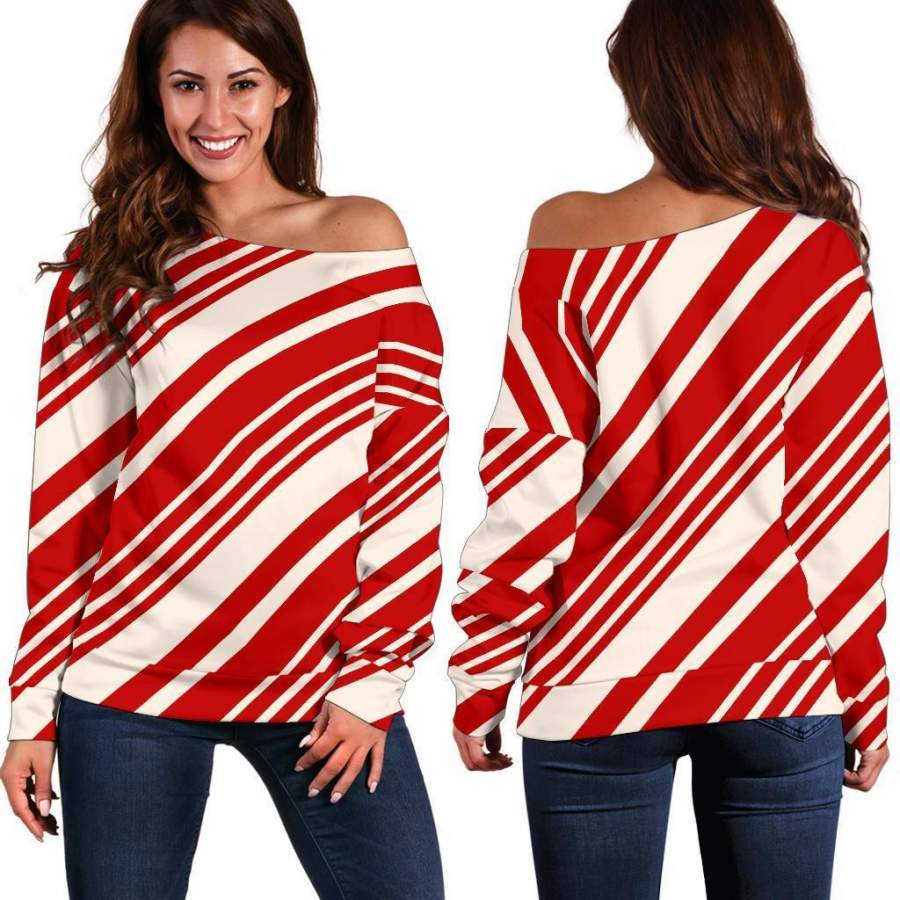 Print Pattern Candy Cane Women Off Shoulder Sweatshirt