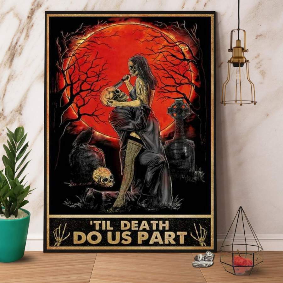 Halloween ‘til death do us part skeleton couple vertical paper poster no frame/ wrapped canvas wall decor full size