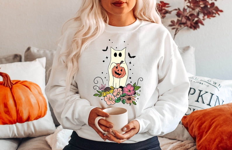 Cat Lover Floral Halloween Sweatshirt 2D Crewneck Sweatshirt All Over Print Sweatshirt For Women Sweatshirt For Men Sws4225