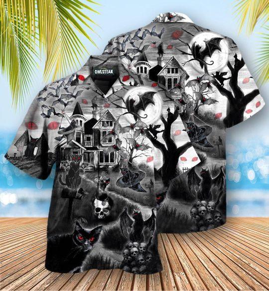 Halloween Flying Cats Hawaii Unisex Print Aloha Short Sleeve Casual Shirt Ha35799