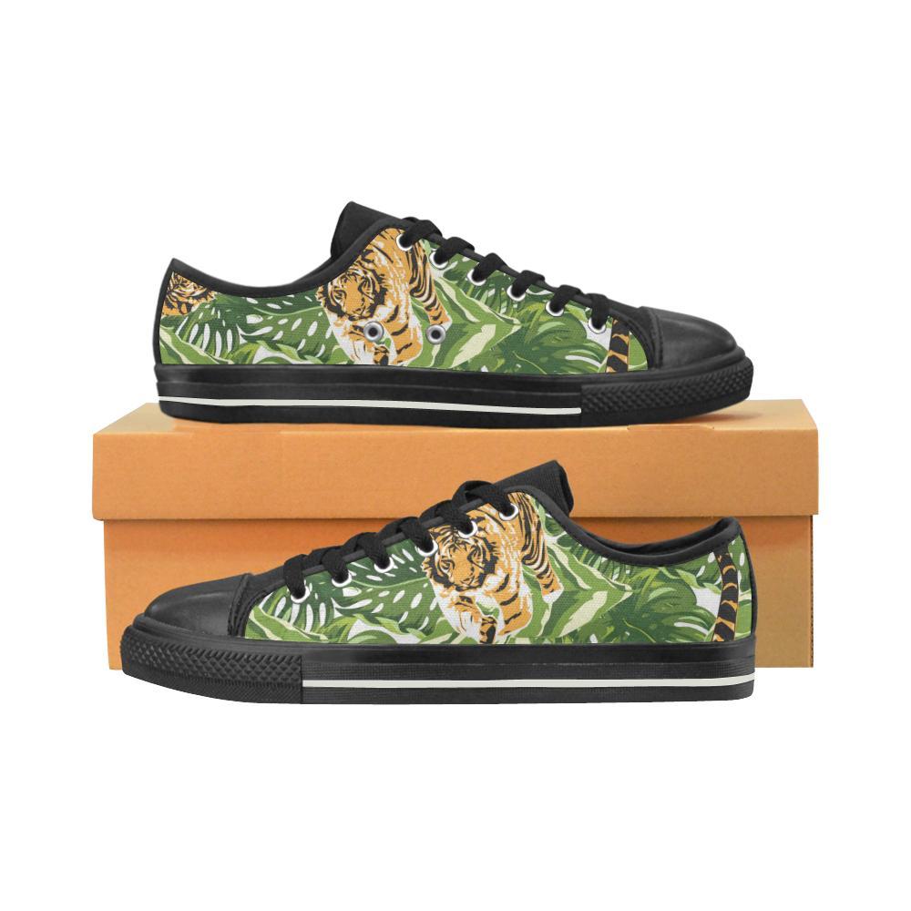 Bengal Tiger Pattern Leaves Kid’S Low Top Canvas Shoes Black