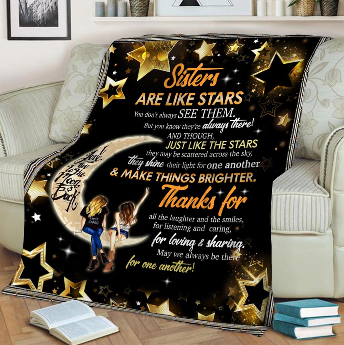 To My Sister Love You To The Moon Fleece Blanket Gift For Sister Family Birthday Gift Home Decor Bedding Couch Sofa Soft And Comfy Cozy