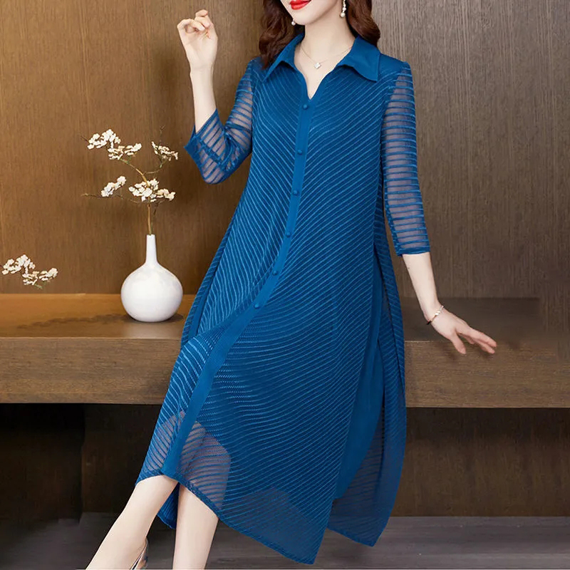 Large Size 5XL Loose Mesh Long Dress Women Vintage Slit Hollow Out Half Sleeve Mom Dress Casual Turn-down Collar Fake Two Dress alx
