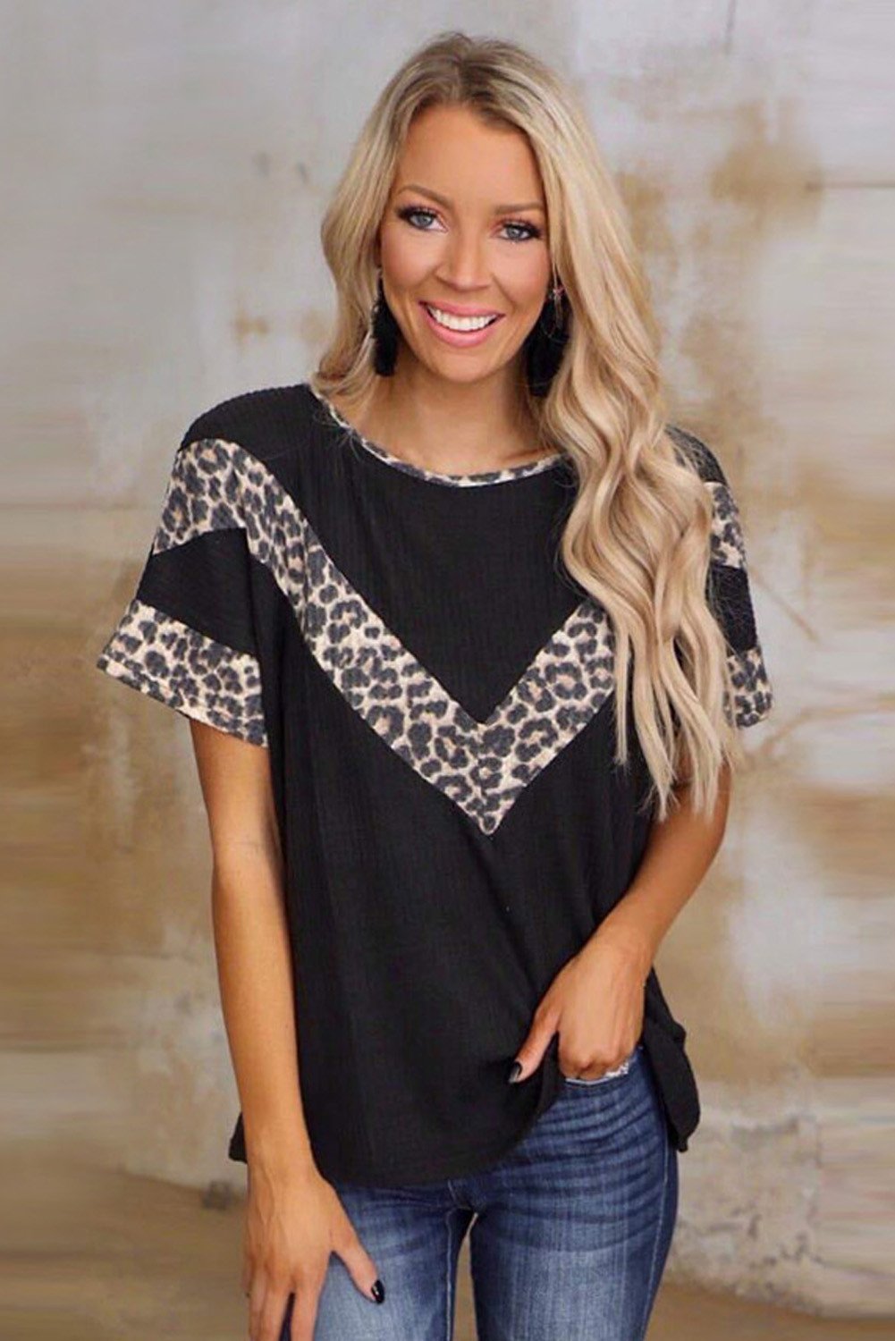 Black Leopard Waffle Knit Short Sleeve Tee