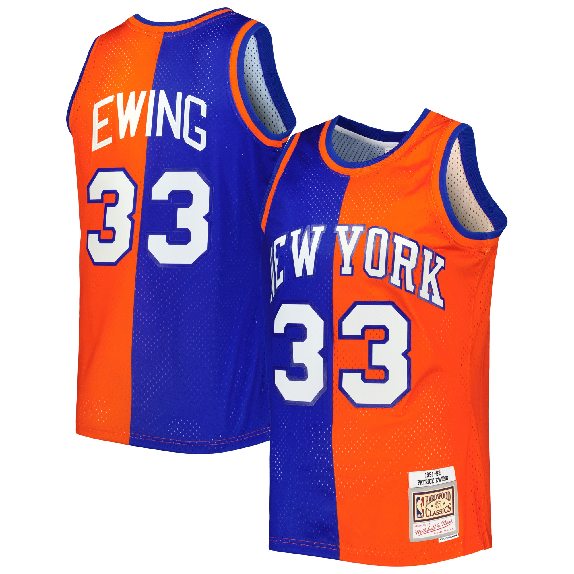 Patrick Ewing New York Knicks Mitchell & Ness Hardwood Classics 1991/92 Split Swingman Jersey – Blue/Orange