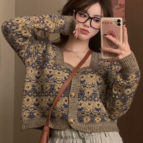 Autumn Sexy Retro Square Floral Cropped Cardigan Knitted Top Slim Pull Femme Jumpers Single-breasted Jacquard Sweater Coat alx