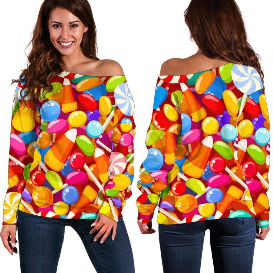 Colorful Candy Pattern Print Women Off Shoulder Sweatshirt