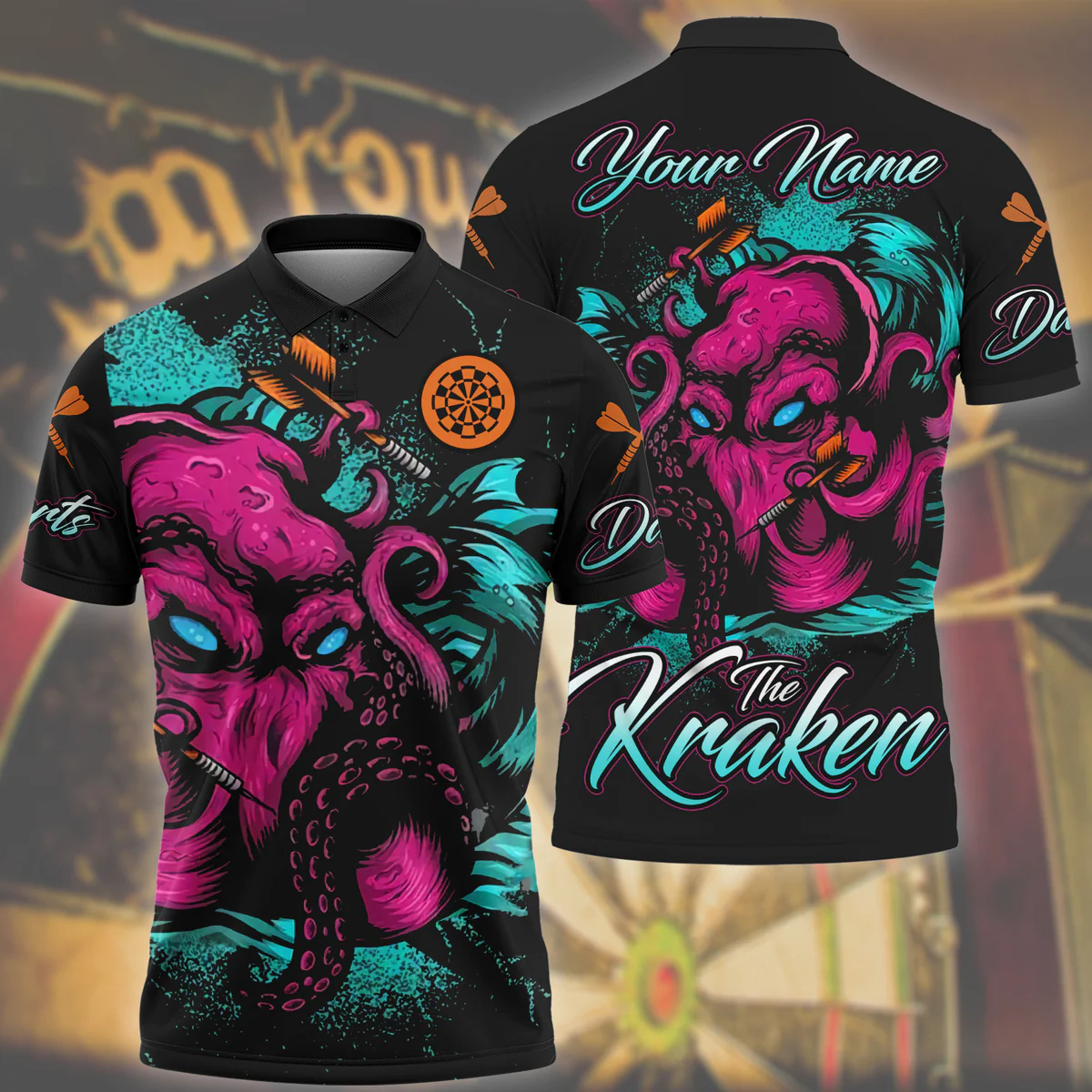 Personalized Name Darts All Over Printed Unisex Polo Shirt, The Kraken Dart Shirt