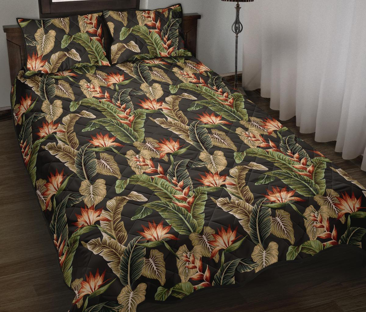 Hawaii Quilt Bed Set Tropical Floral Vintage Strelitzia Flower Banana Leaves AH J1