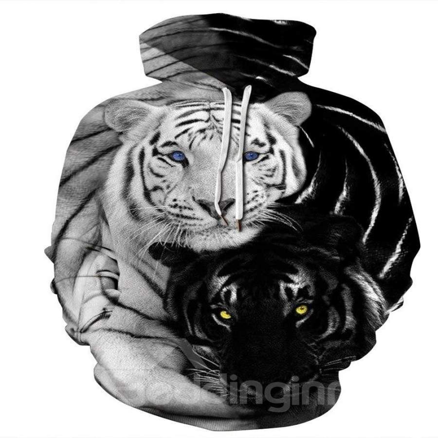 Couple Tigers Pullover Kangaroo Pocket Lightweight 3D Painted Hoodie