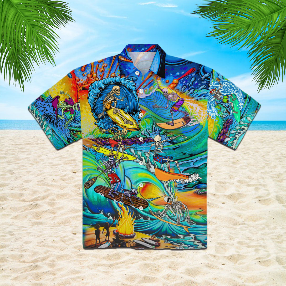 Oragontee Skull Skeleton Surfing On The Beach Halloween Hawaiian Shirt | For Men & Women | Adult | Wt1508