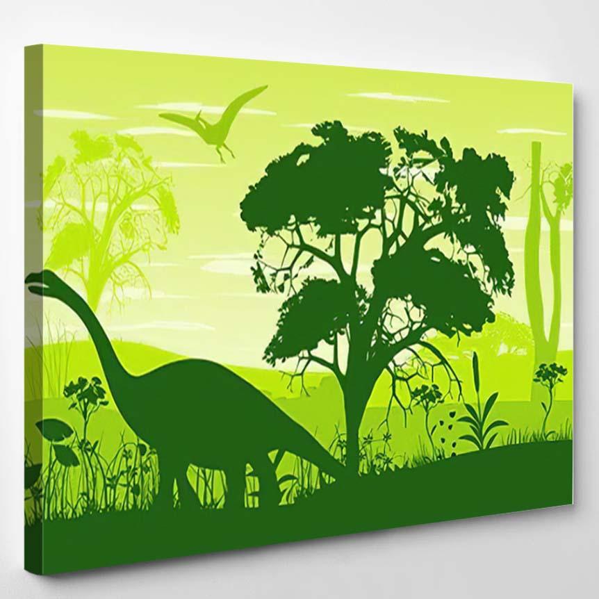 Prehistoric Vector Landscape Forest Dinosaurs Silhouettes – Dinosaur Animals Canvas Print