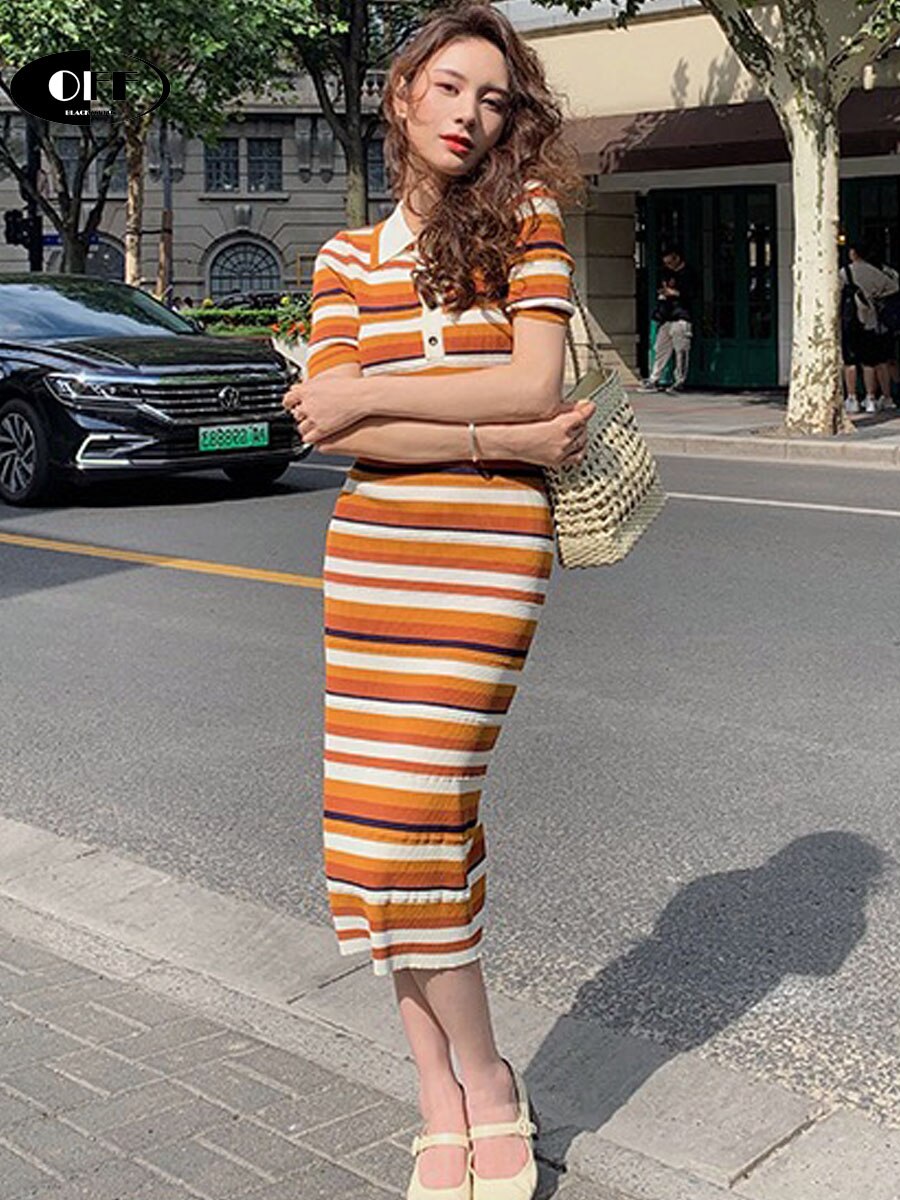 Traf Summer Knitting Midi Dress Casual Striped Short Sleeve Elastic Fashion Korean Chic Slinky Sexy Women Elegant Dresses Female alx