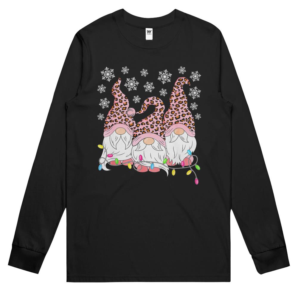 Pink Leopard Print Gnomes Xmas Funny Christmas Gnome Women Long Sleeve T Shirts