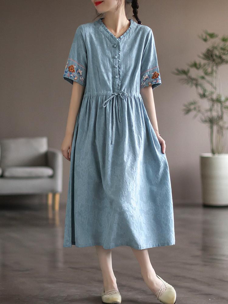 Women Cotton Linen Casual Dress New Arrival 2022 Summer Vintage Style V-neck Floral Embroidery Loose Ladies Long Dresses B1808 alx