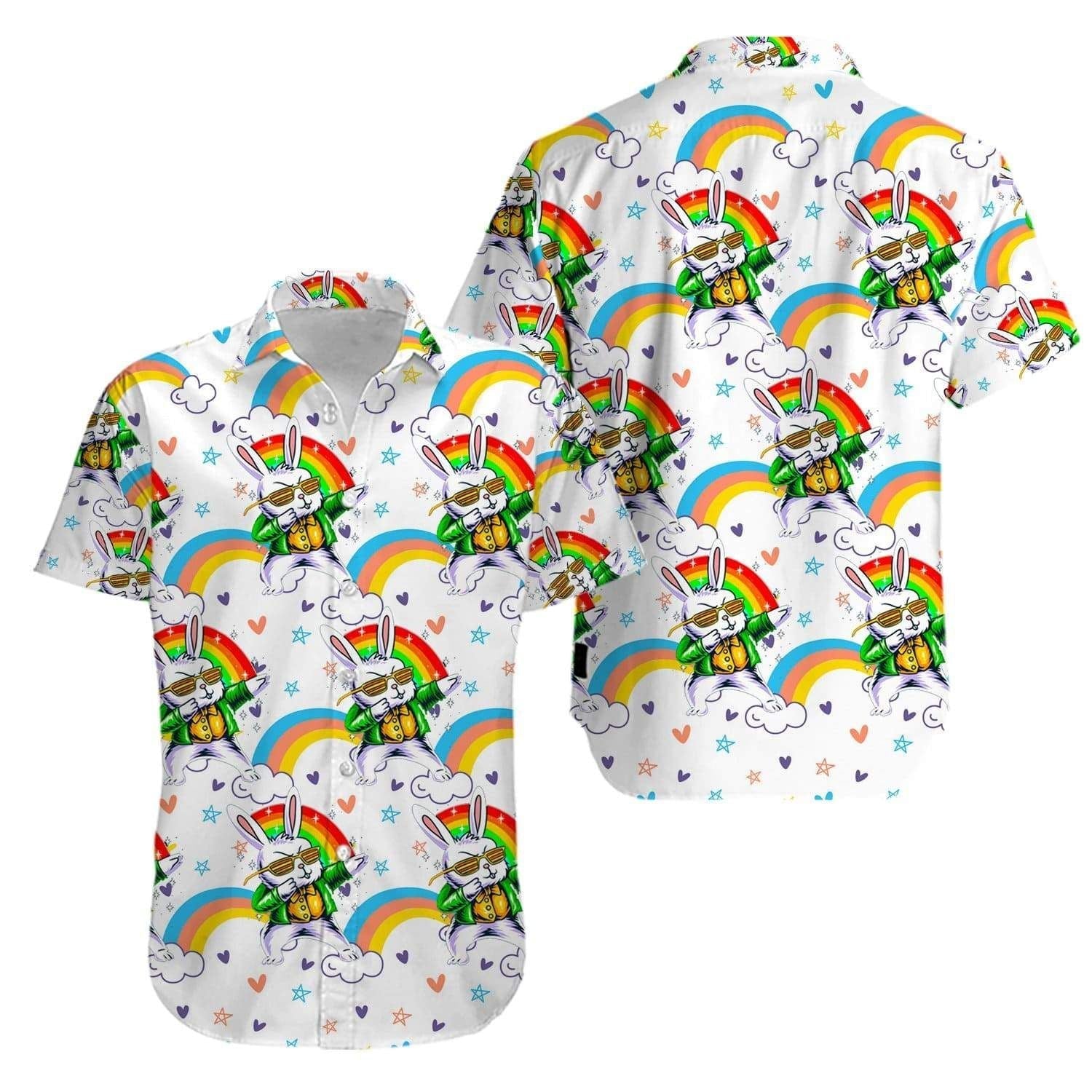 Beach Shirt High Quality Bunny Funny Rainbow Dab Happy Easter Day Hawaiian Aloha Shirts V, Unisex Print Aloha Short Sleeve Casual Shirt